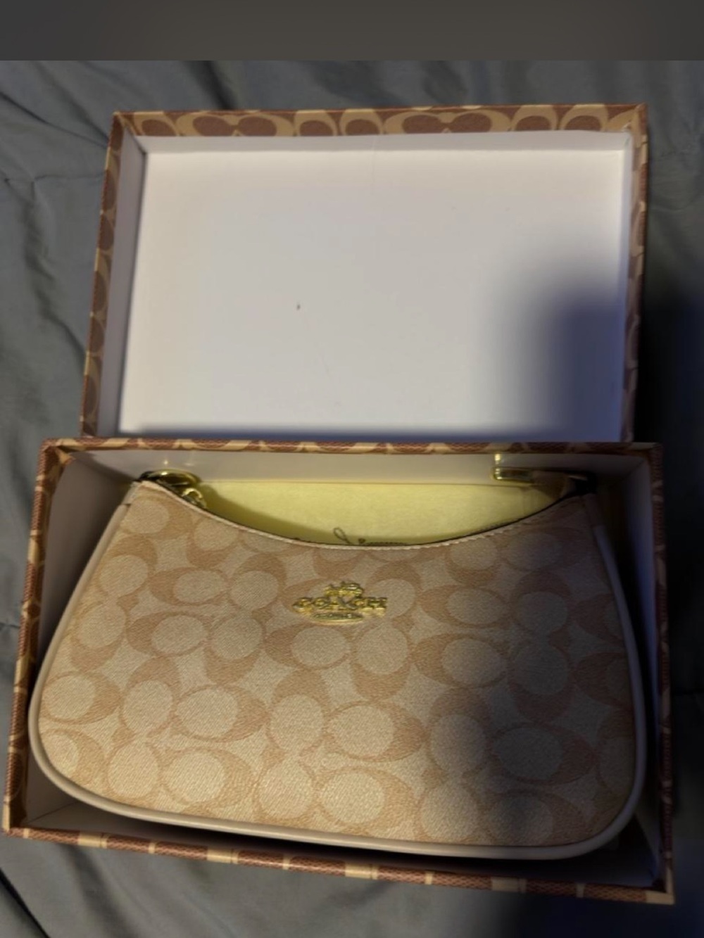 Coach Beige Signature Logo Shoulder Bag with Gold Hardware